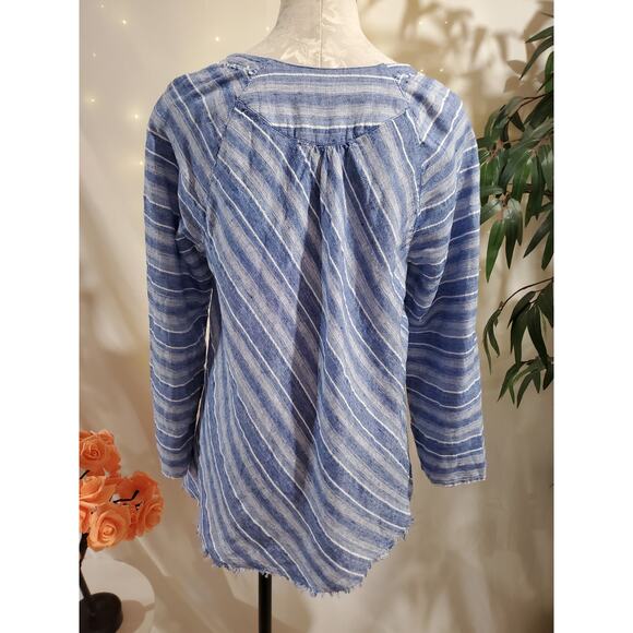 Nic + Zoe Freshwater Striped Linen Tunic Top Size L Blue Boho Raw Fringe Hem - Picture 3 of 11